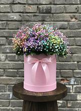 Цветочная композиция из Гипсофила и Розы в шляпной коробке в Совхозный