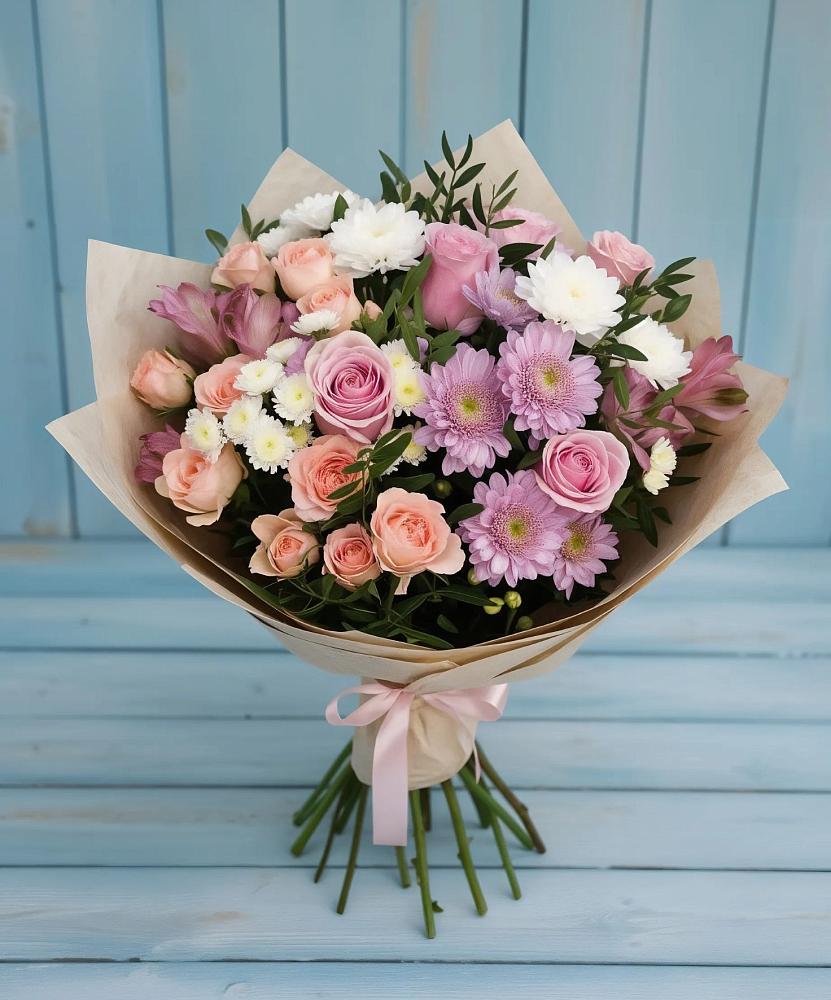 Букет цветов из: Хризантемы, Розы и Альстромерии в Совхозный