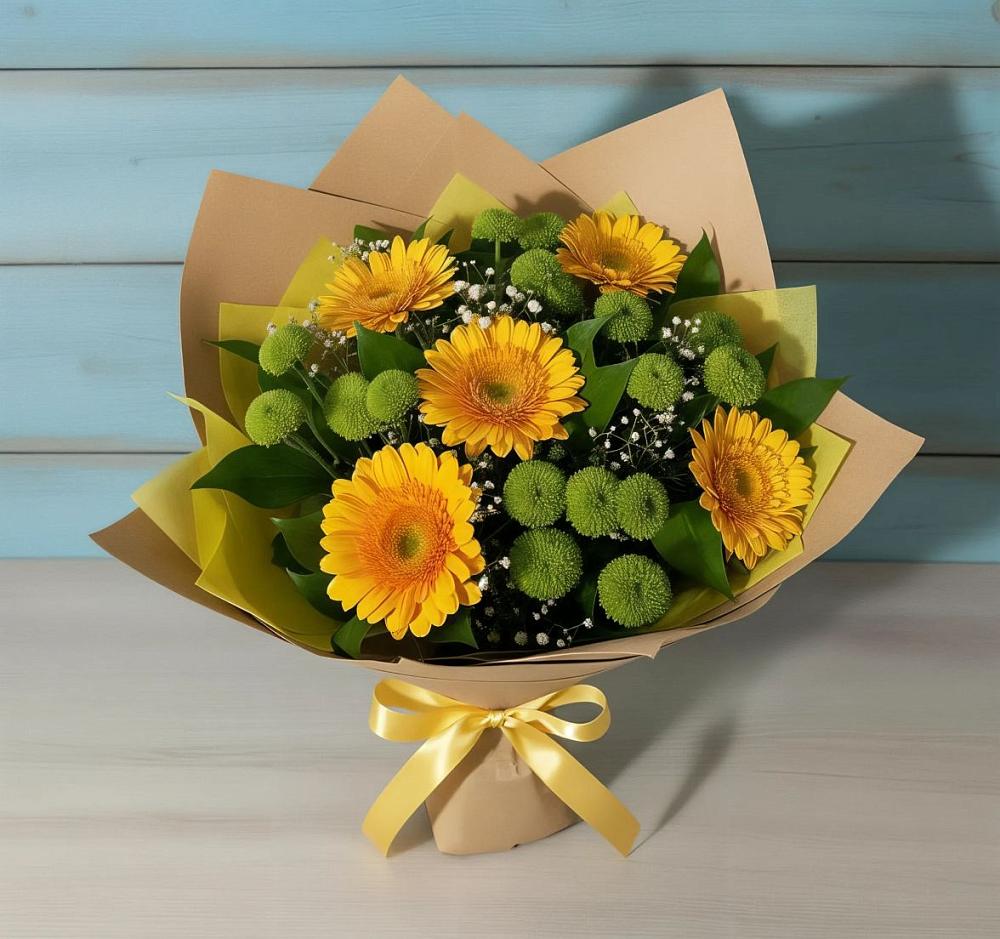 Букет цветов из: Герберы и Хризантемы в Совхозный