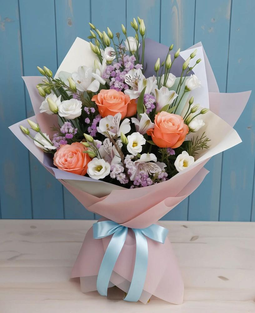 Букет цветов из: Лизиантусы, Розы, Альстромерии и Гипсофила в Совхозный
