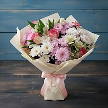 Букет цветов из:  Хризантемы, Альстромерии и Розы #REPLACE_PRED# Совхозный