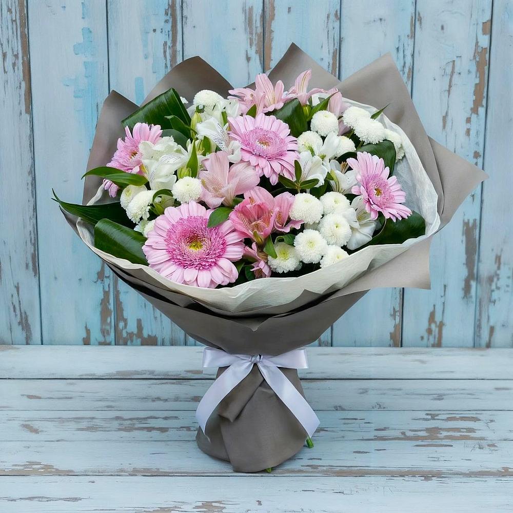 Букет цветов из: Герберы, Альстромерии и Хризантемы в Совхозный