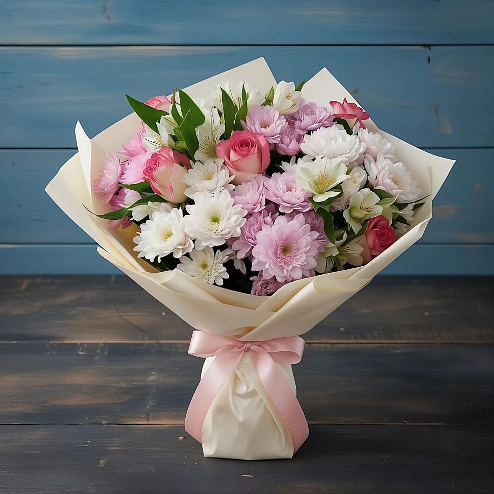 Букет цветов из: Хризантемы, Альстромерии и Розы в Совхозный